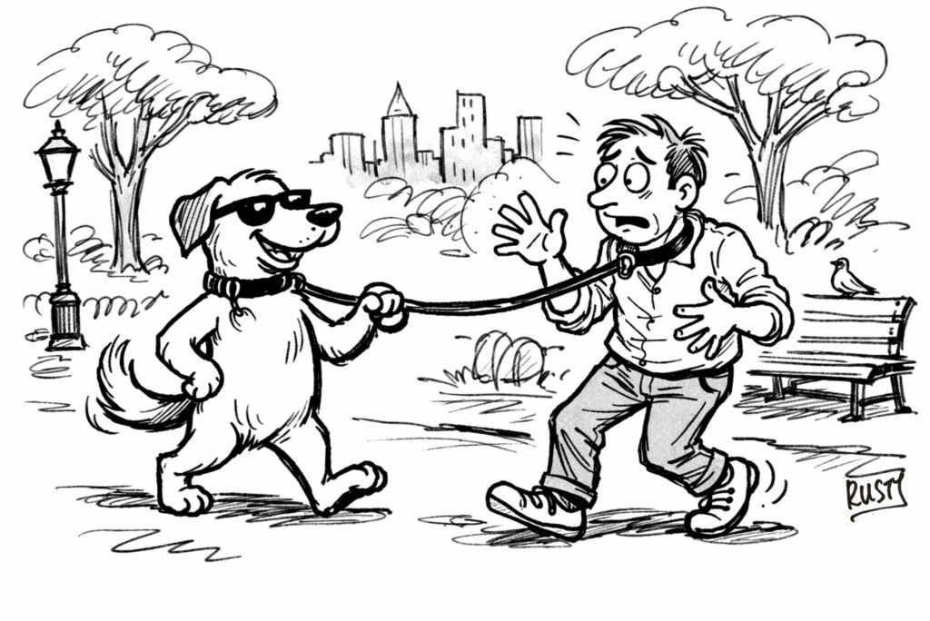 picture of a dog walking his master